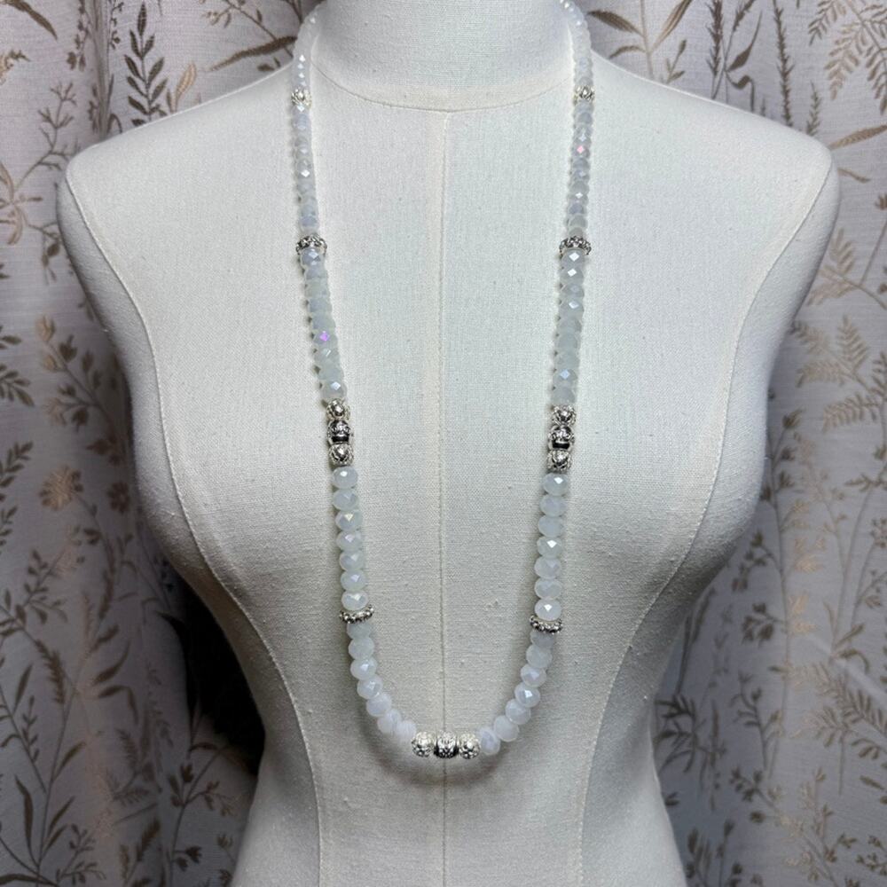 Vintage Artisan Faceted White Glass Bead Opera Rope Necklace 90s Boho Romantic